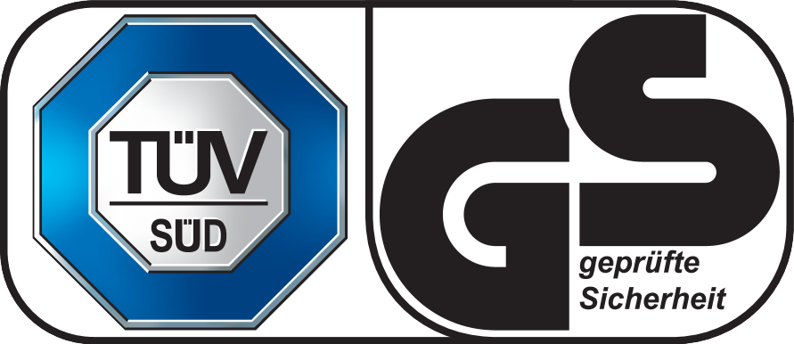 TÜV SÜD ja GS sertifikaat: geprüfte Sicherheit (testitud ohutus).