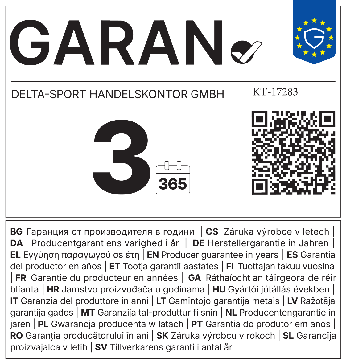 Garantii pitser: 3 aastat tootjagarantii, 365 päeva.