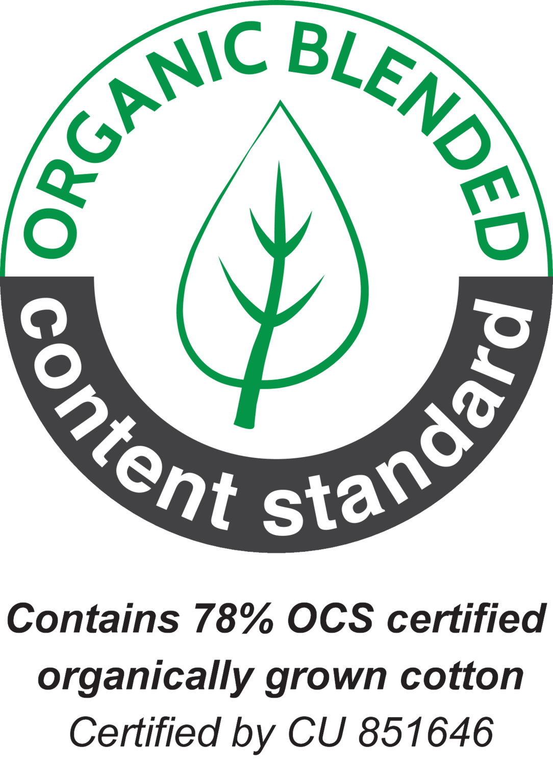 Orgaaniline segatud sisu standard: 78% OCS sertifitseeritud orgaaniliselt kasvatatud puuvill, sertifitseeritud CU 851646.