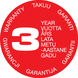 Punane pitser numbriga 3 ja tekstiga 'AASTANE', 'GARANTII' ja 'TAKKUU' mitmes keeles.