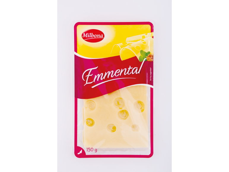 Milbona viilutatud Emmentali juustu 150 g pakend.