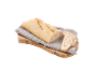 Viilutatud ciabatta leib puidust lõikelaual halli rätikuga.