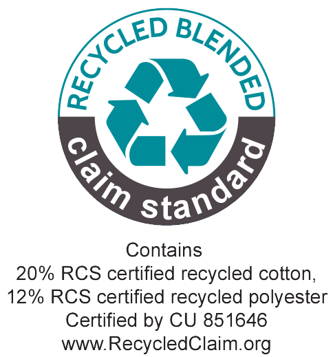 Recycled Blended Claim Standard pitser: 20% taaskasutatud puuvilla, 12% taaskasutatud polüestrit. Sertifitseeritud CU 851646.
