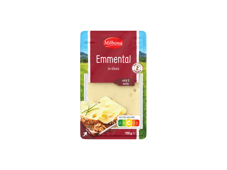 Viilutatud Emmentali juust, mahe ja pähkline, Nutri-Score B ja 150 g.