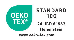 OEKO-TEX® STANDARD 100 pitser numbriga 24.HBD.61962 Hohenstein ja veebilehega.