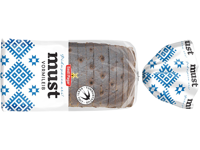Viilutatud must vormileib traditsiooniliste siniste mustritega valges pakendis.