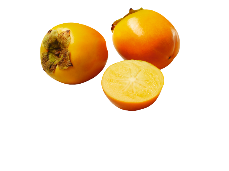 Eredalt oranžid hurma viljad, üks poolitatud, valgel taustal.