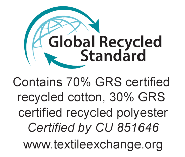 Global Recycled Standard pitser: 70% GRS sertifitseeritud taaskasutatud puuvill, 30% GRS sertifitseeritud taaskasutatud polüester. Sertifitseeritud CU 851646.