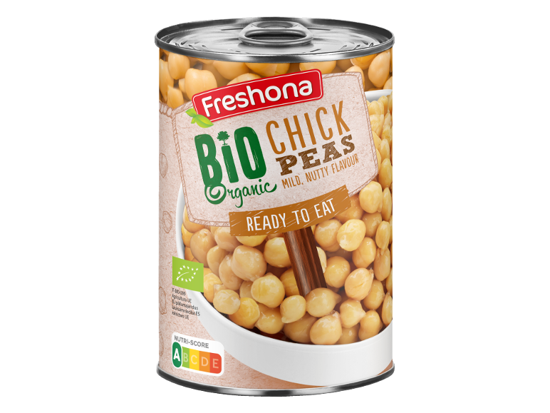 Purk orgaanilisi kikerherneid, valmis söömiseks, sildiga Bio Chick Peas ja Nutri-Score A.