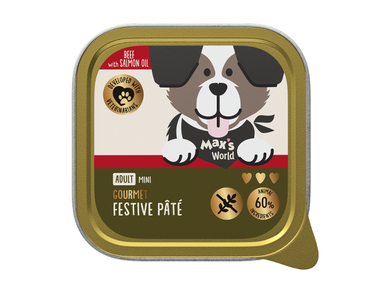 Gourmet festive pâté koeratoit veiseliha ja lõheõliga täiskasvanud väikest tõugu koertele