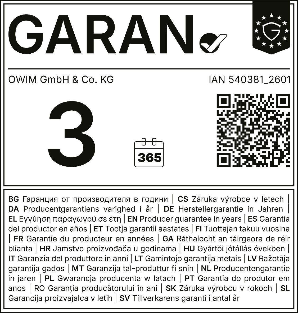 Garantii 3 aastat, 365 päeva, IAN 540381_2601, koos QR-koodiga.