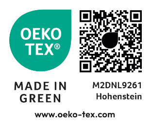 OEKO-TEX MADE IN GREEN märgis koodiga M2DNL9261 Hohenstein ja QR-koodiga.