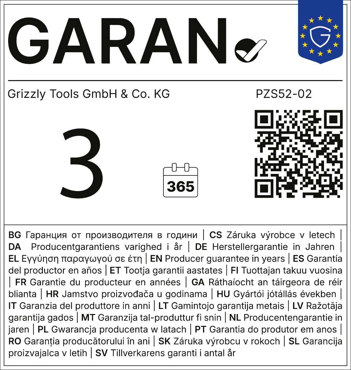 Garantii 3 aastat, 365 päeva, PZS52-02.