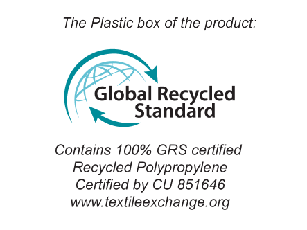 Global Recycled Standard: Sisaldab 100% GRS sertifitseeritud taaskasutatud polüpropüleeni, sertifitseeritud CU 851646.
