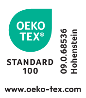 Oeko-Tex Standard 100 märgis, number 09.0.68536 Hohenstein, www.oeko-tex.com
