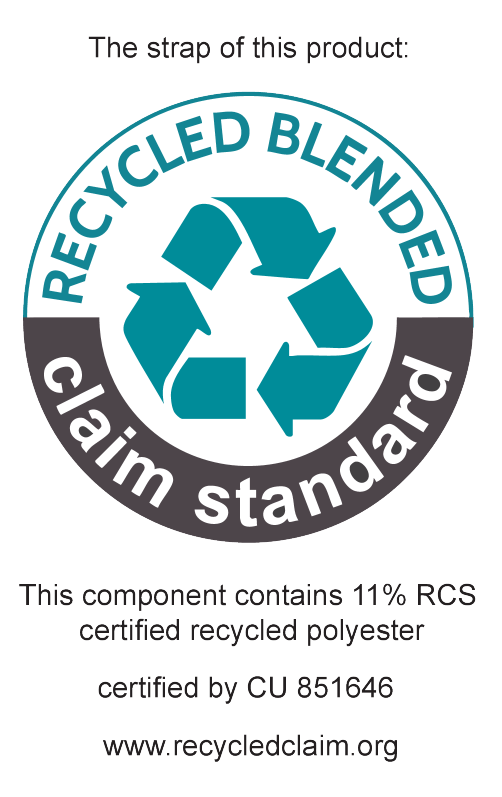 Toote rihm: Recycled Blended Claim Standard, 11% RCS sertifitseeritud taaskasutatud polüester, sertifitseeritud CU 851646, www.recycledclaim.org