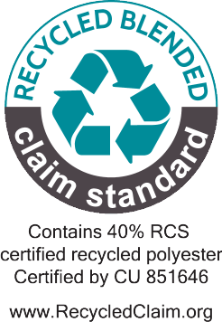 Recycled Blended Claim Standard pitser: sisaldab 40% RCS sertifitseeritud taaskasutatud polüestrit, sertifitseeritud CU 851646.