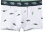 Valged poiste bokserid roheliste dinosauruste mustriga ja elastse vöökohaga.