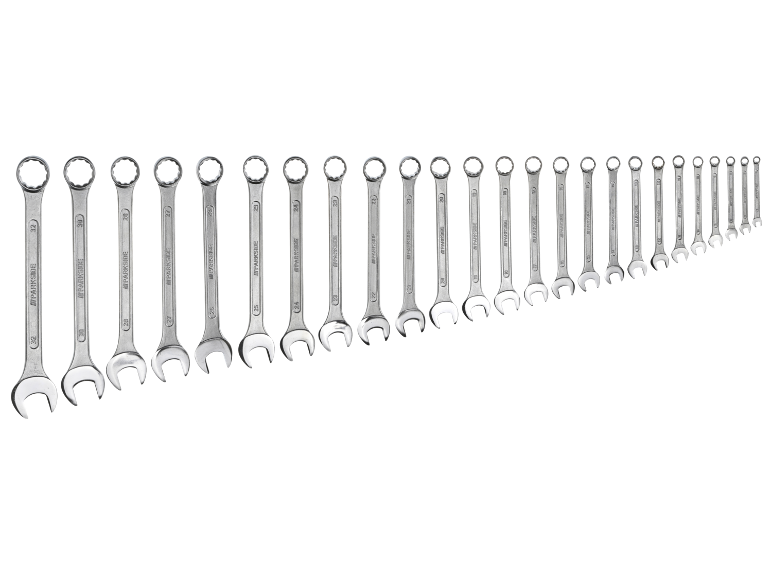 Komplekt kombineeritud mutrivõtmeid erinevates suurustes, alates 32 mm kuni väiksemateni.