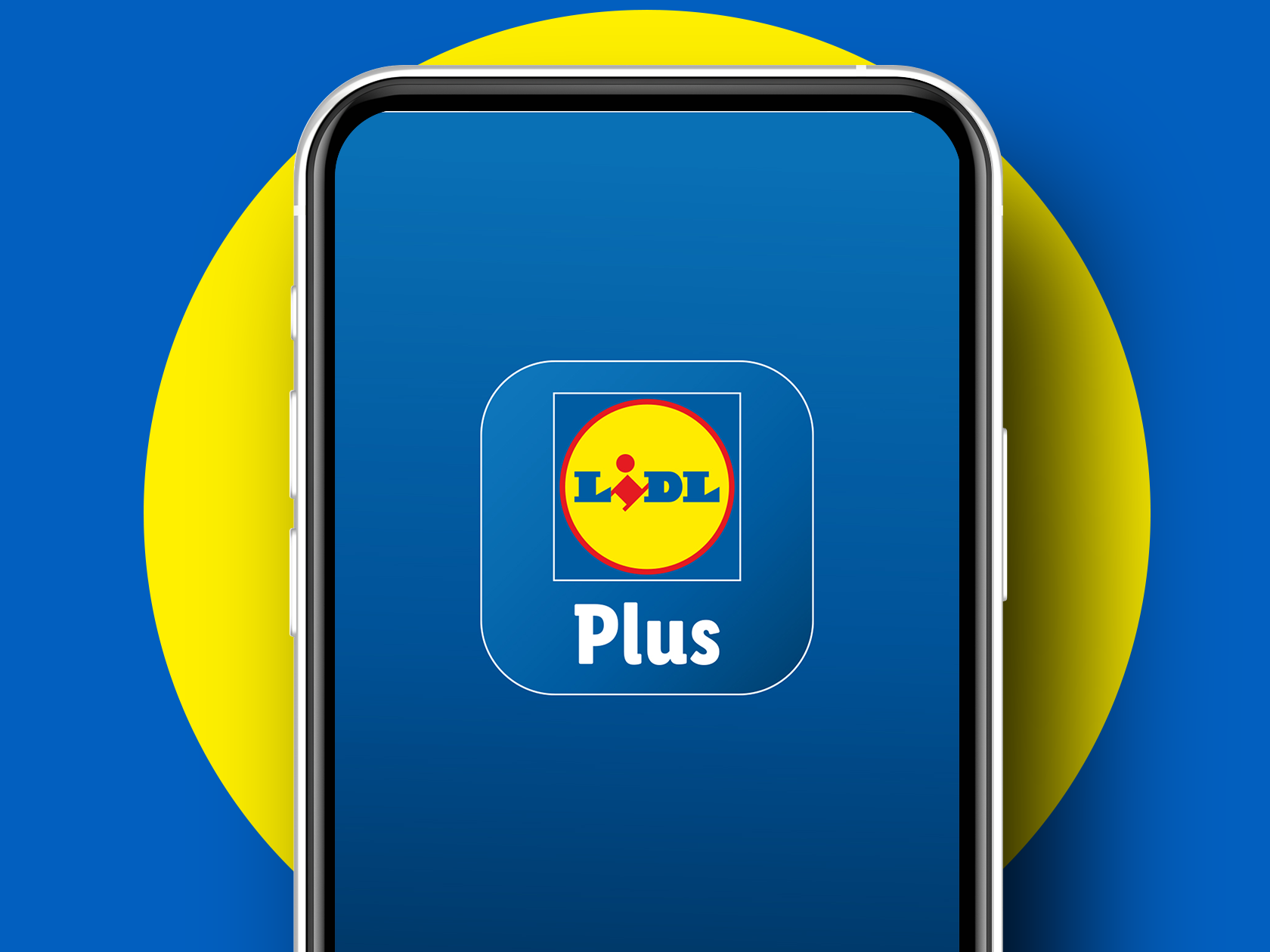 Nutitelefon, mille ekraanil on rakenduse ikoon tekstiga 'Plus' ja logo.