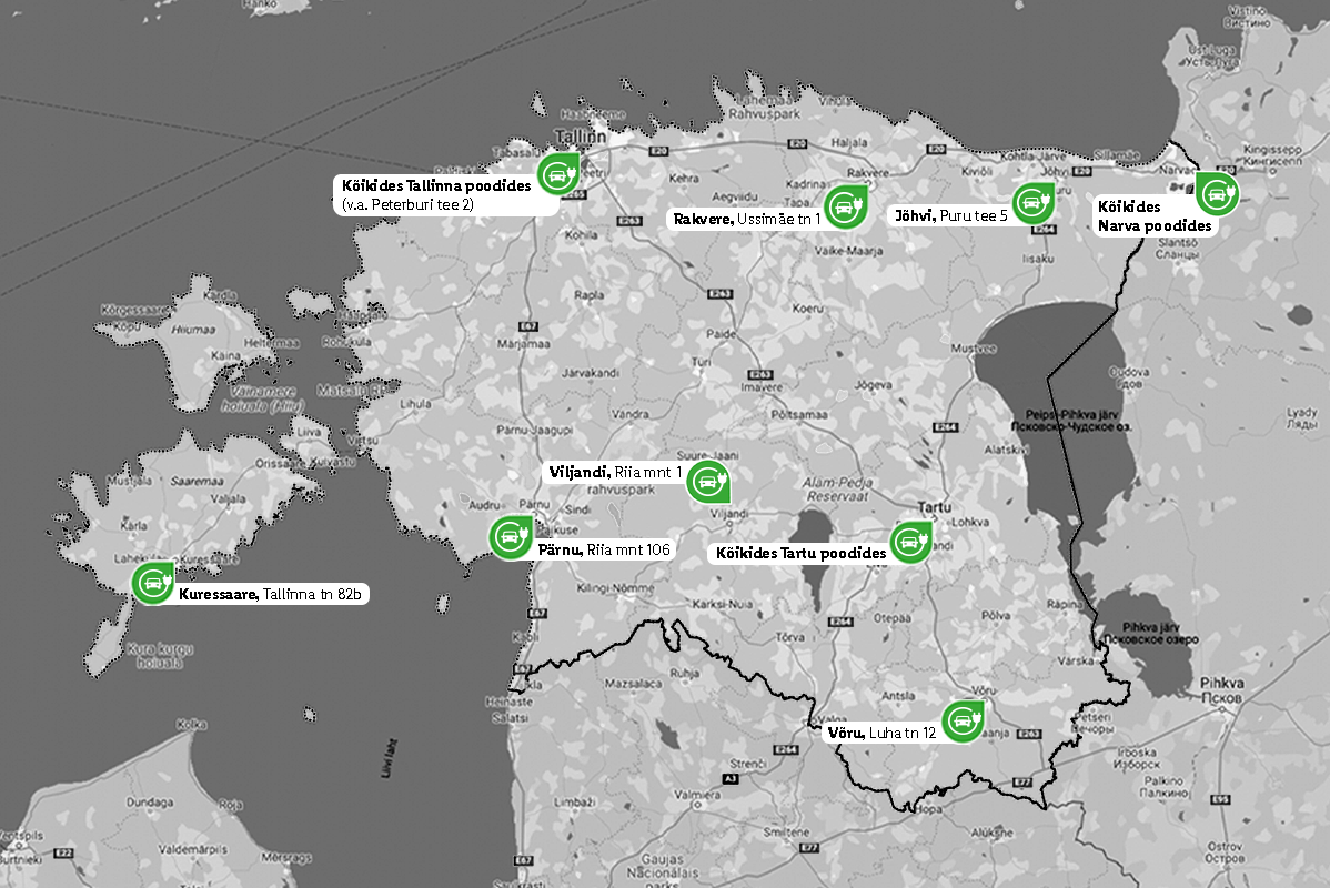 Kaart, mis näitab kaupluste asukohti Estonians, sealhulgas Tallinnas, Tartus, Pärnus ja Narvas.