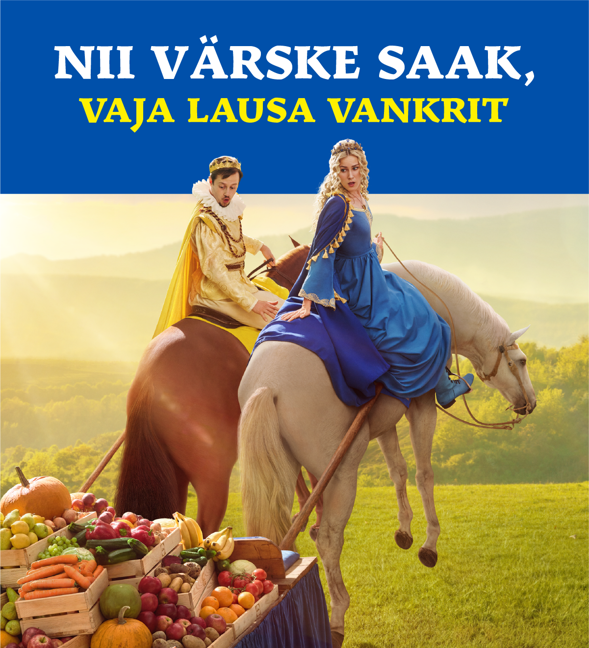 Kuninglik paar hobustel, vedades vankrit värskete puu- ja köögiviljadega.
