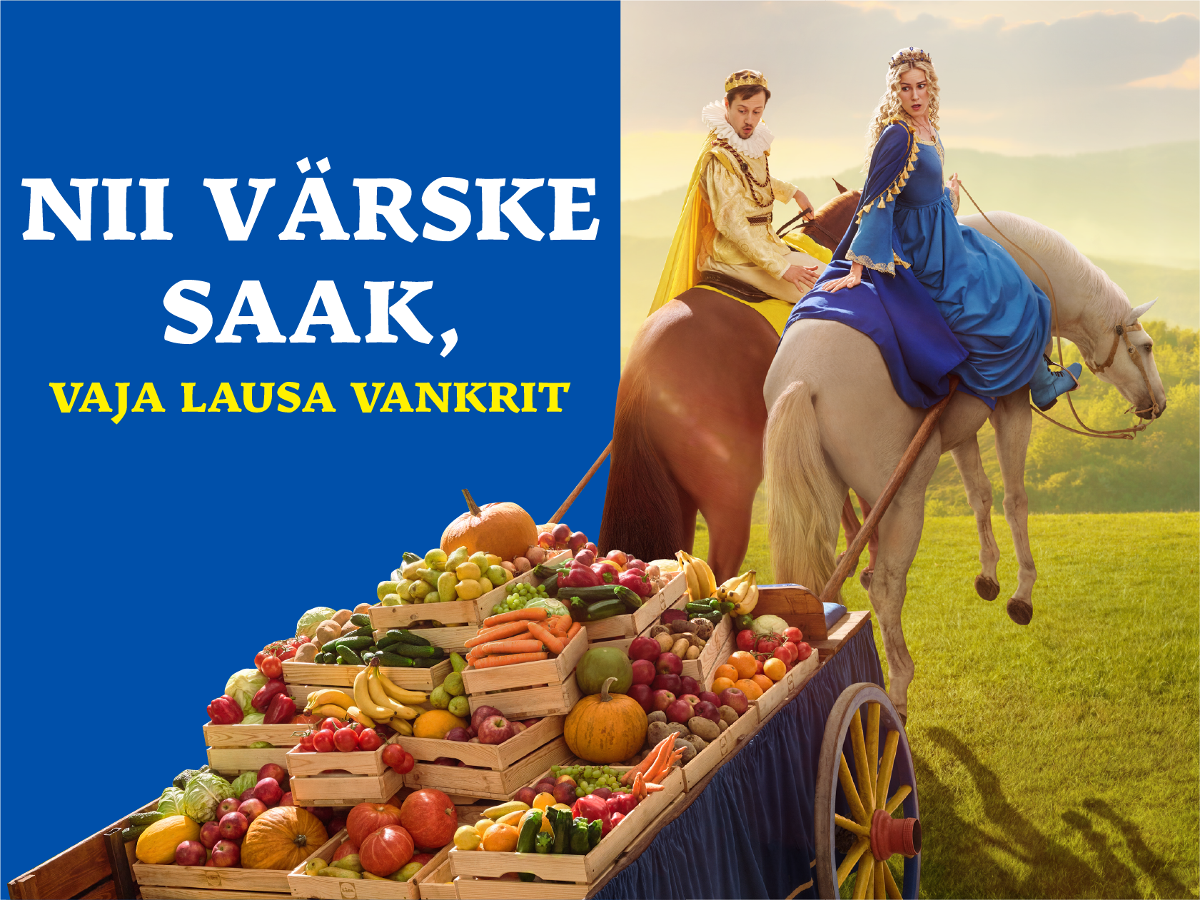 Kuninglik paar hobustel veab vankrit, mis on täis värskeid puu- ja köögivilju.