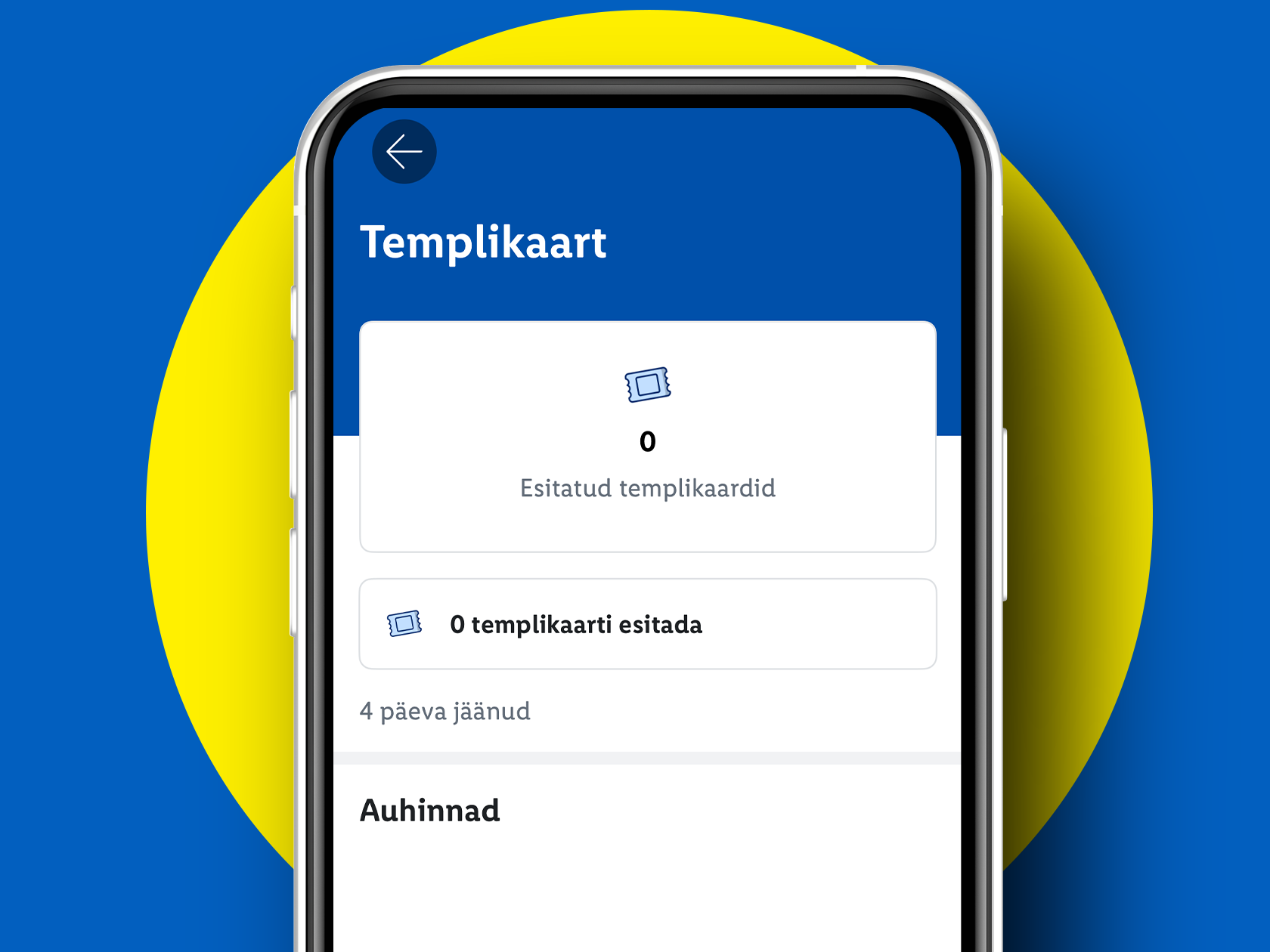 Mobiilirakenduse ekraan templikaardi ja auhindade vaatega, näidates 0 esitatud templikaarti.