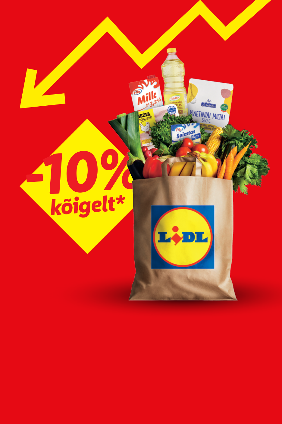 Toidukott täis toidukaupu, sealhulgas piim, õli, jahu, või, köögiviljad ja puuviljad, koos -10% soodustusega.