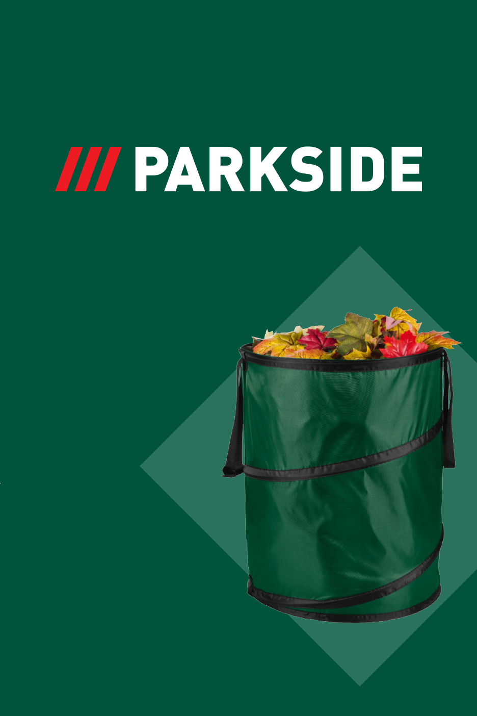 Roheline kokkupandav aiajäätmete kott täis sügislehti, rohelisel taustal.