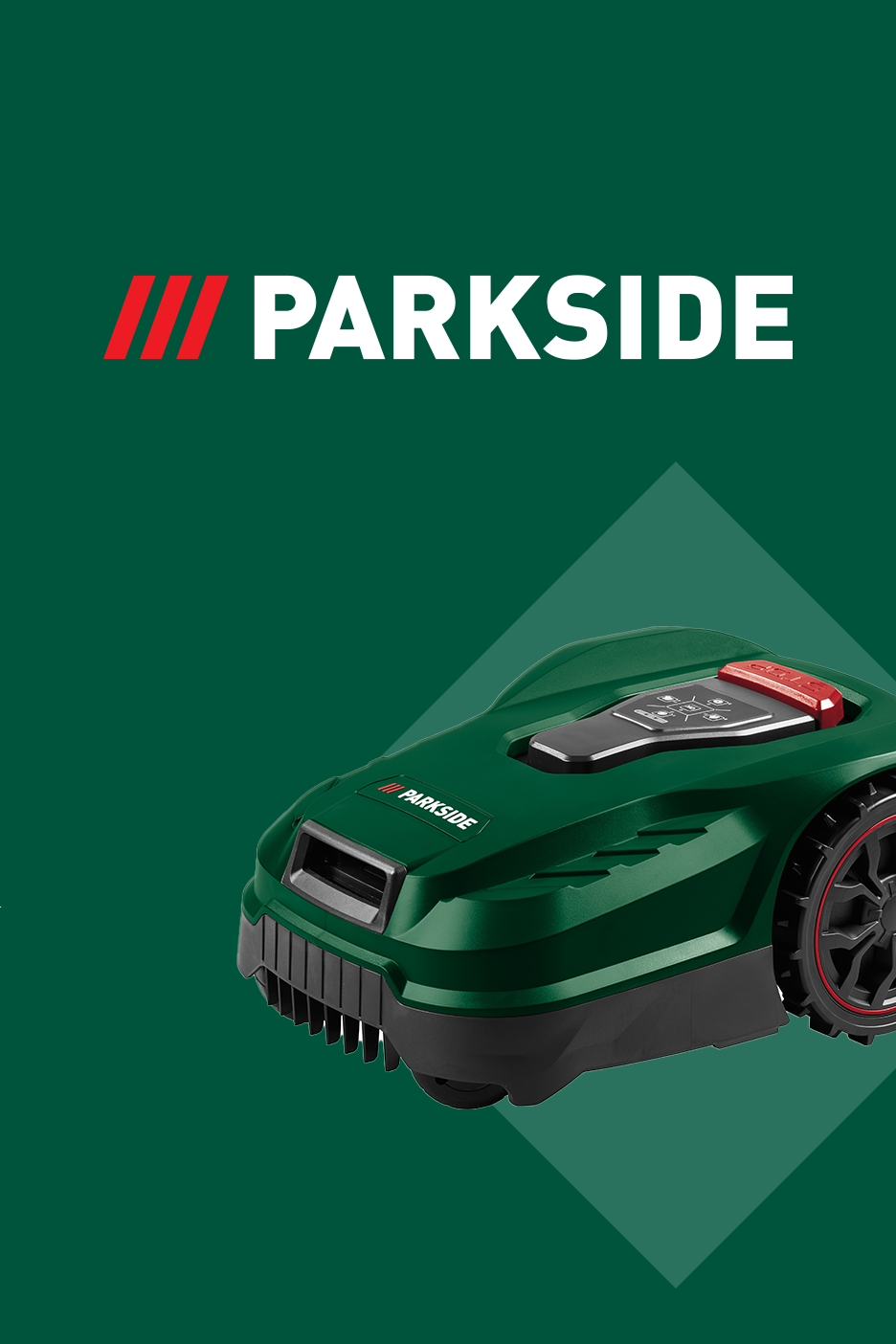 Roheline robotniiduk tumerohelisel taustal, millel on valge tekst ja punased triibud.