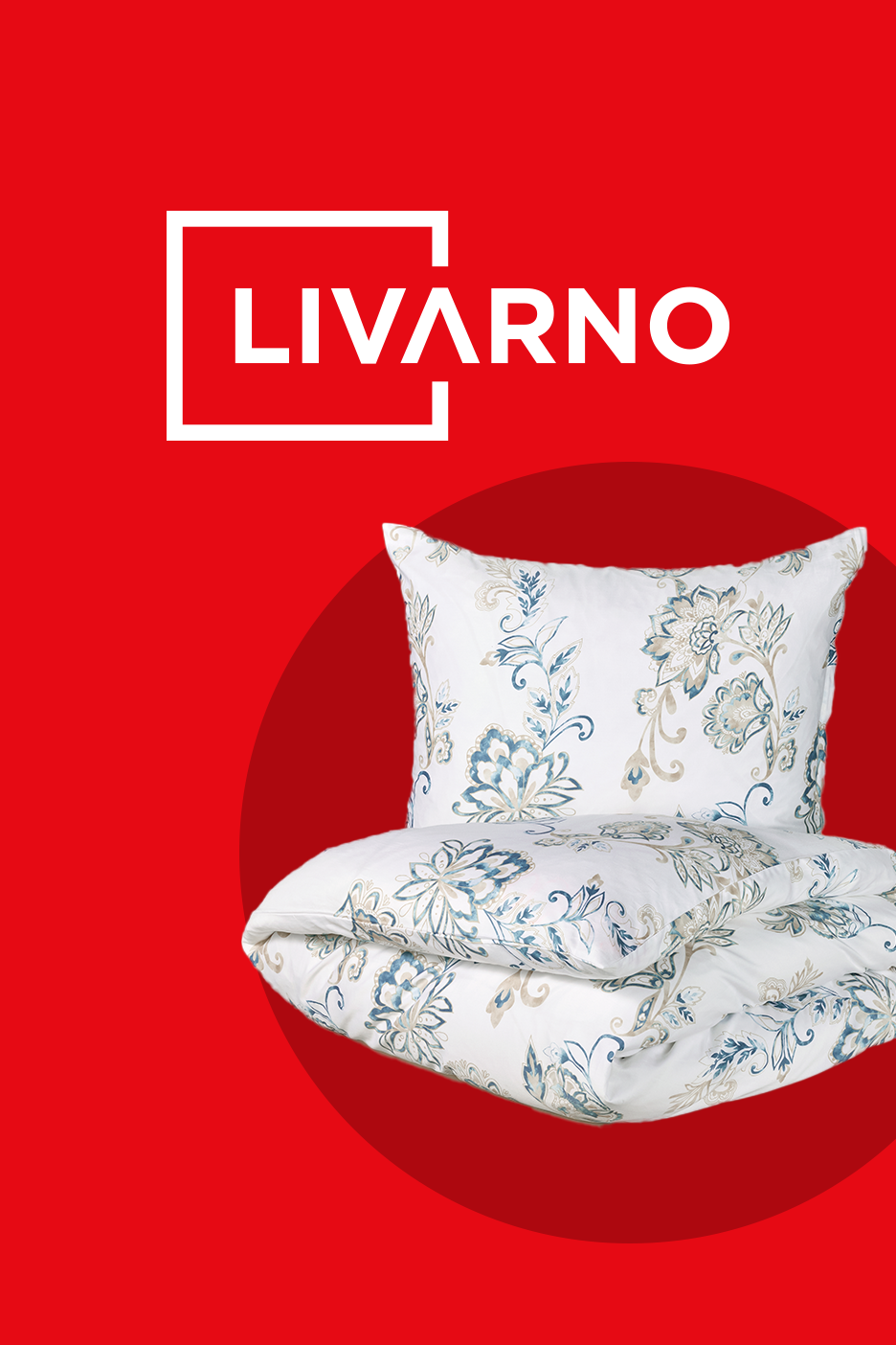 Valge voodipesu siniste ja beežide lillemustritega, punasel taustal.