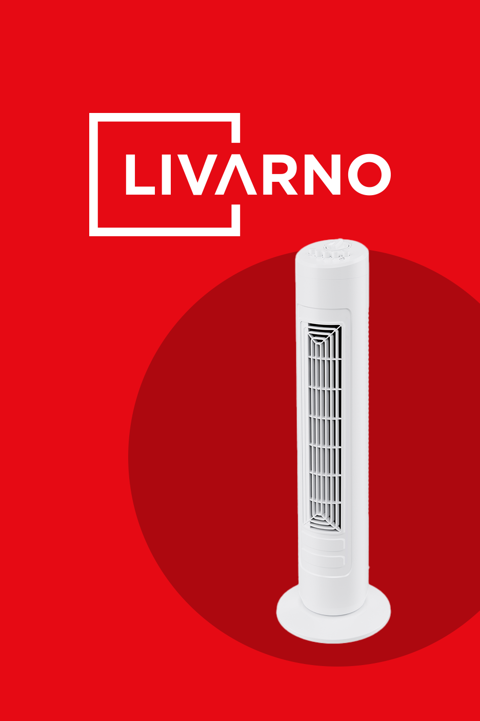 Valge tornventilaator punasel taustal valge logoga.