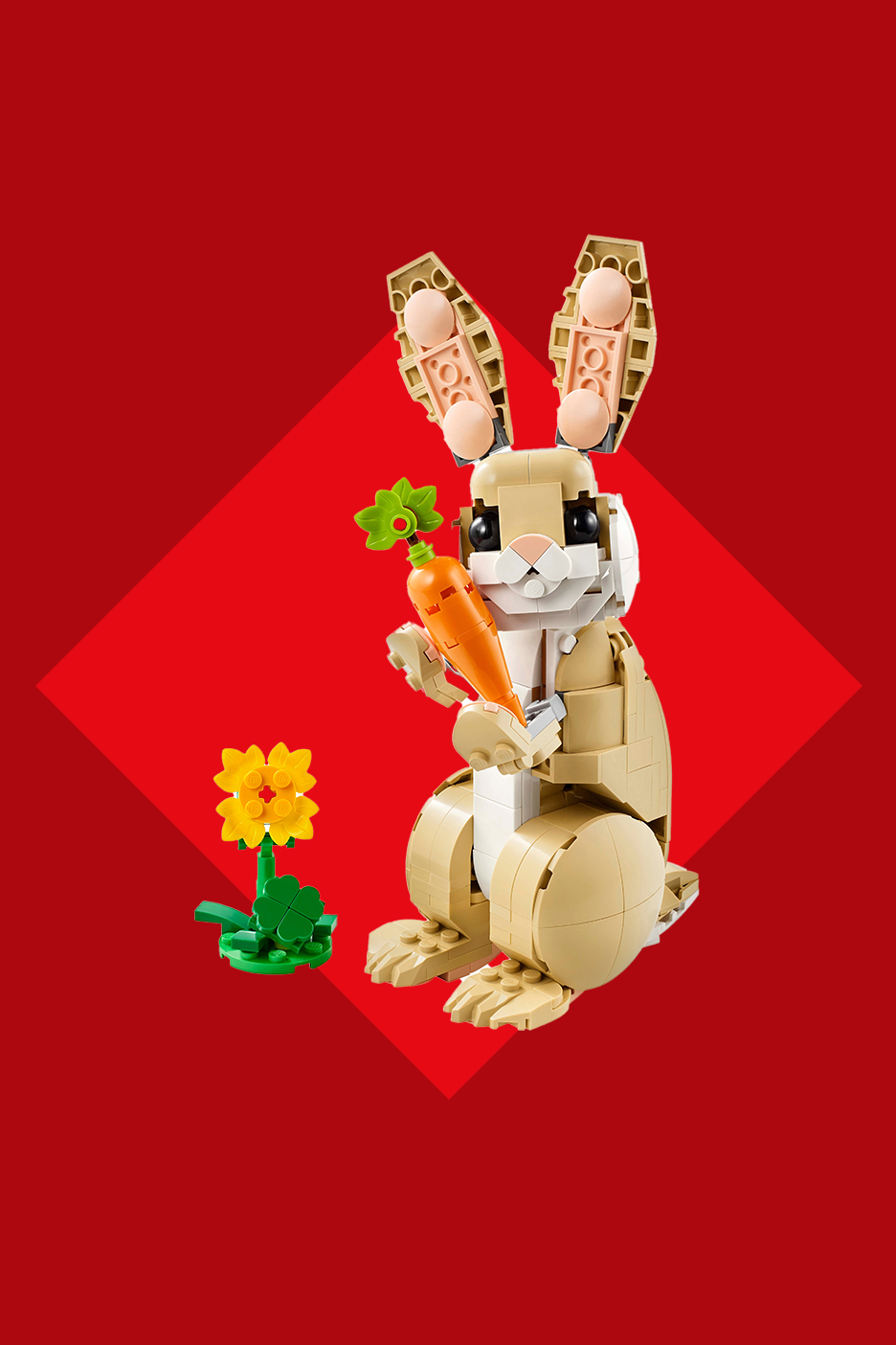 Lego-stiilis jänes hoiab porgandit, taustal punane ruut ja kollane lill.