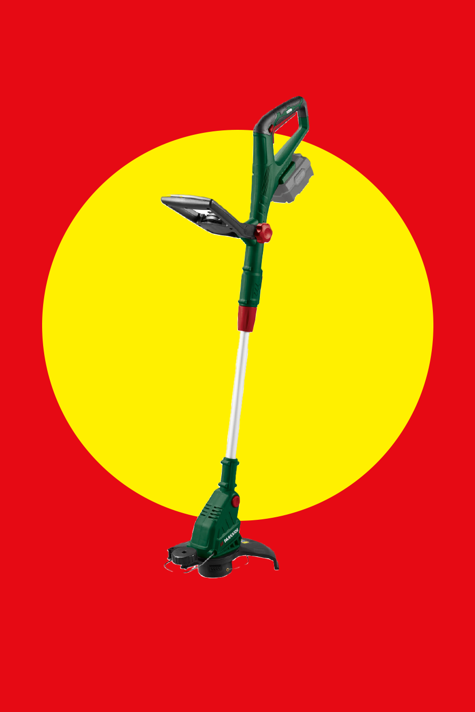 Akutrimmer punasel taustal kollase ringiga.