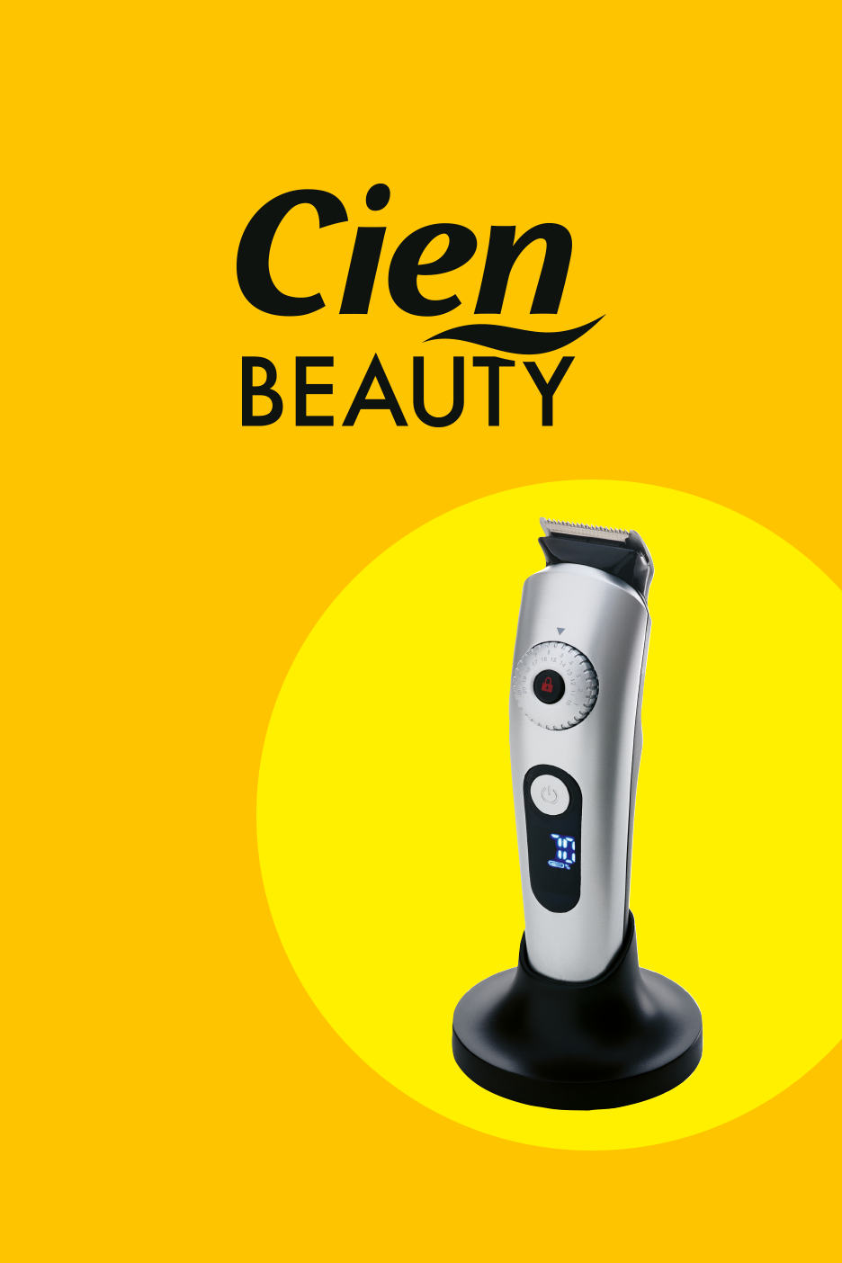 Hõbedane habemeajaja laadimisalusel kollasel taustal, millel on must tekst 'Cien BEAUTY'.