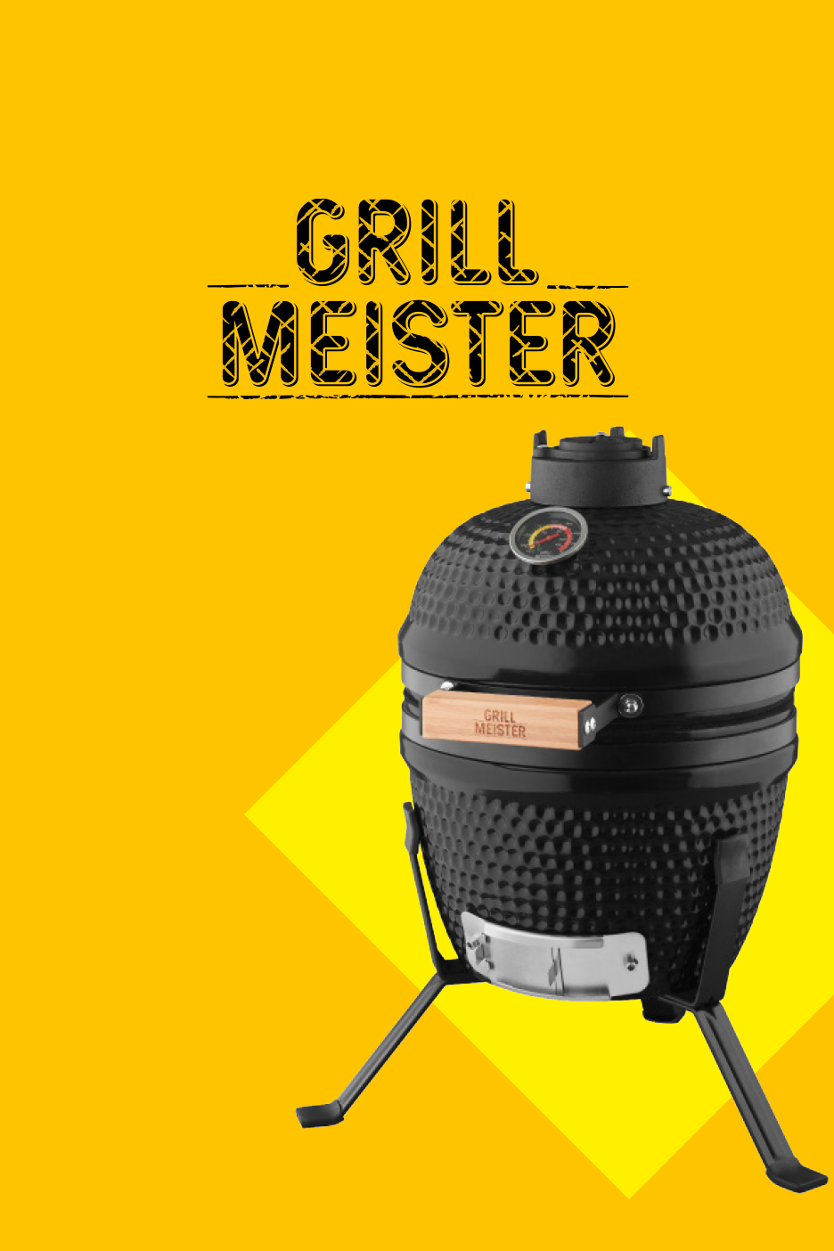 Must keraamiline grill kollasel taustal, tekstiga 'GRILL MEISTER'