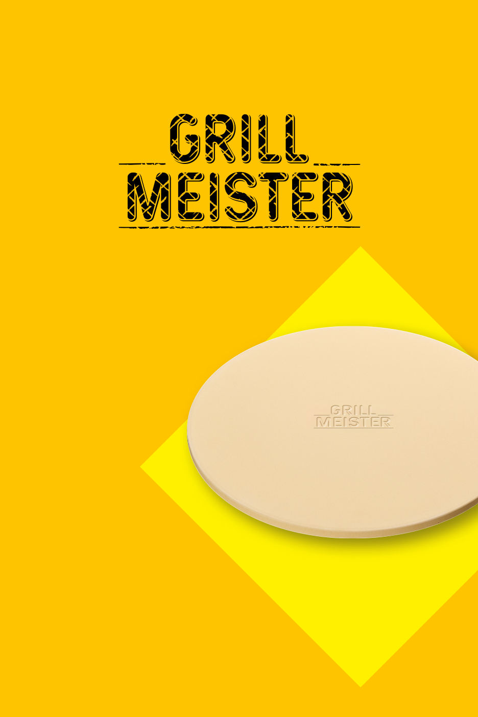 Ümmargune pitsakivi kollasel taustal, millel on kiri 'GRILL MEISTER'.