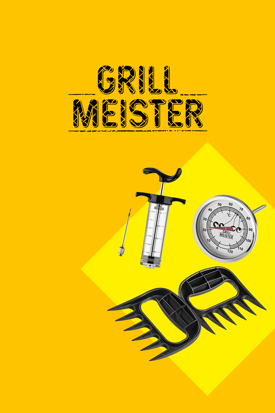 Grillitarvikute komplekt, millel on süstla, termomeetri ja lihakäppade kujutised kollasel taustal.