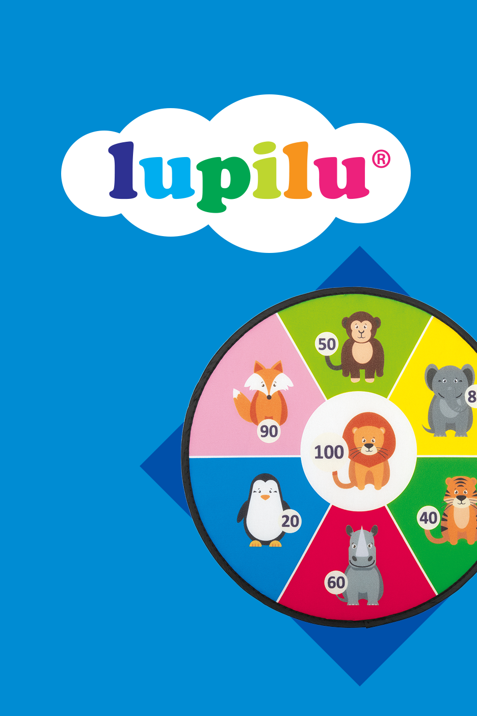 Värviline loomateemaline mänguketas numbritega, taustal sinine pilvekujuline logo.