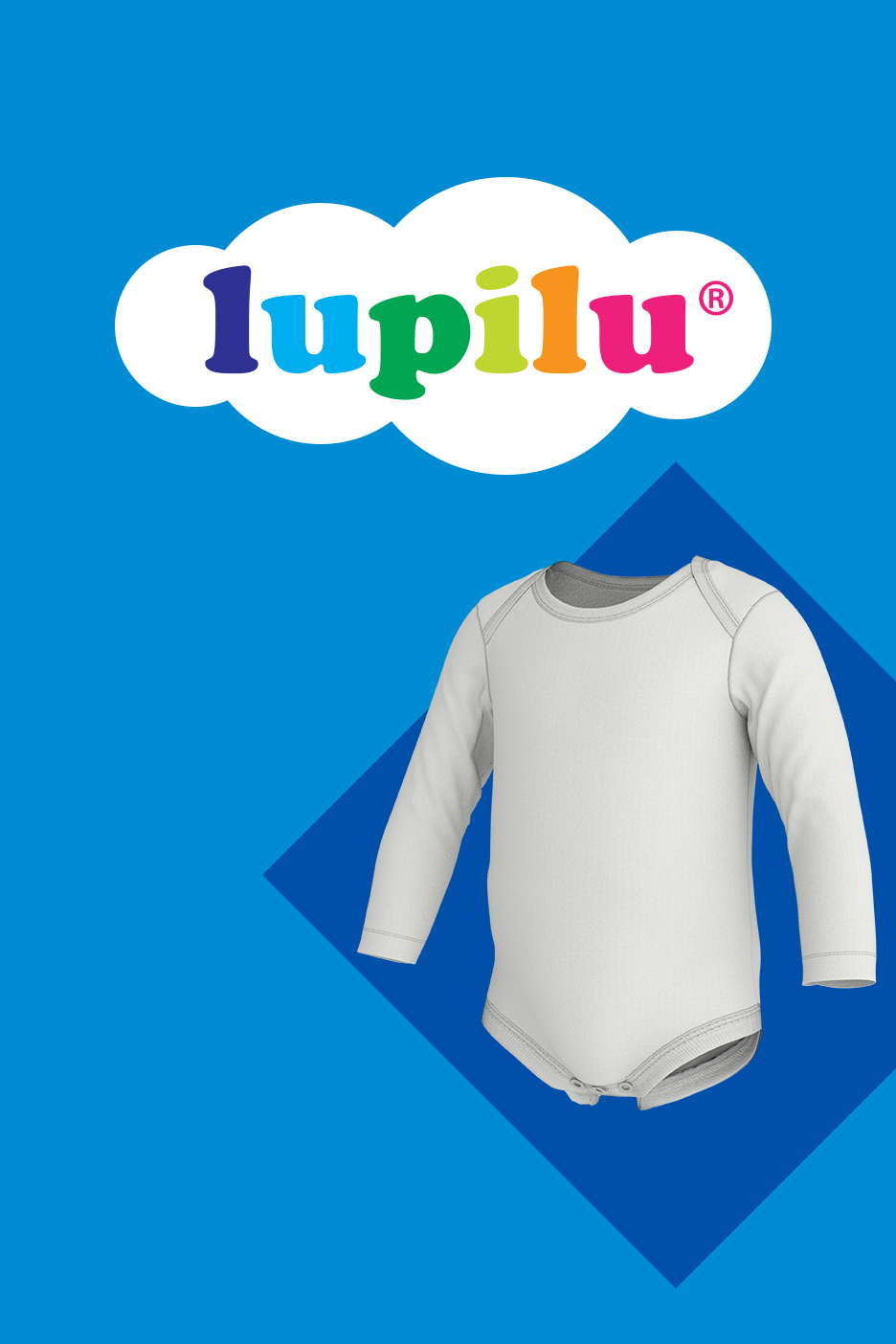 Valge pikkade varrukatega beebibodi sinisel taustal, millel on värviline pilvekujuline logo.