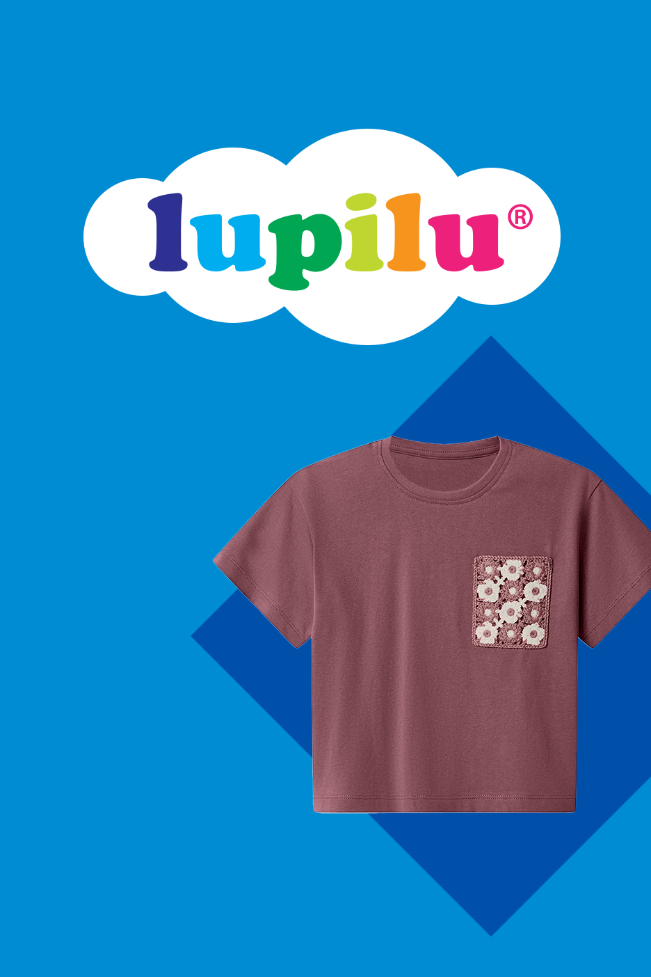 Laste T-särk lillelise taskuga, sinisel taustal pilve kujulise logoga