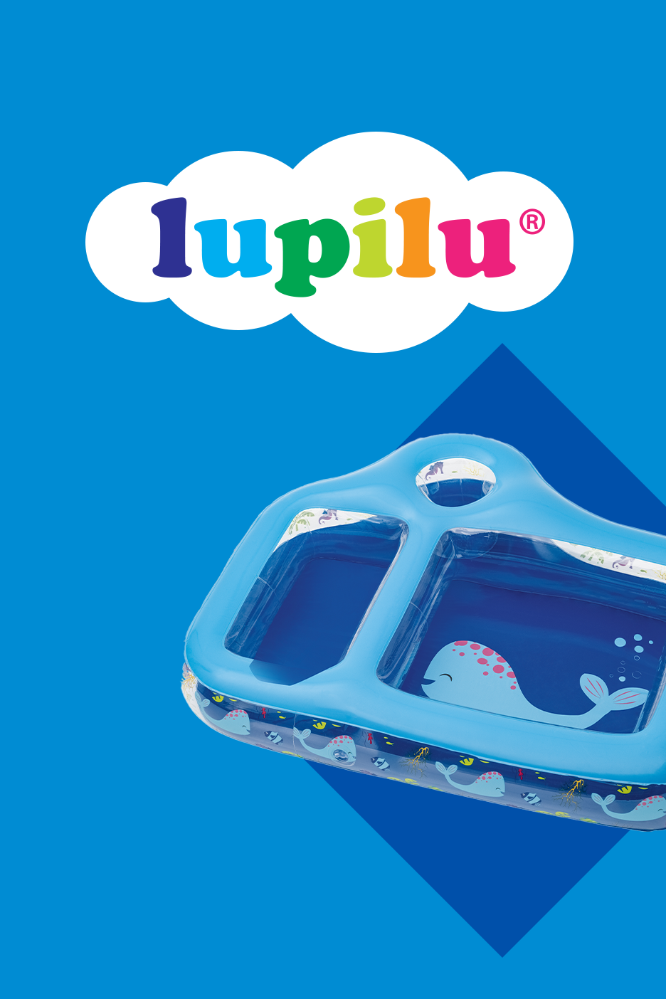 Sinine täispuhutav beebibassein, millel on vaalad ja värviline pilvekujuline logo.