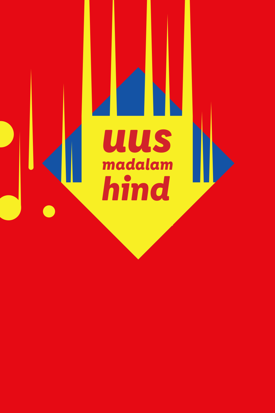 Punane taust kollase rombi, siniste kolmnurkade ja tekstiga 'uus madalam hind'.