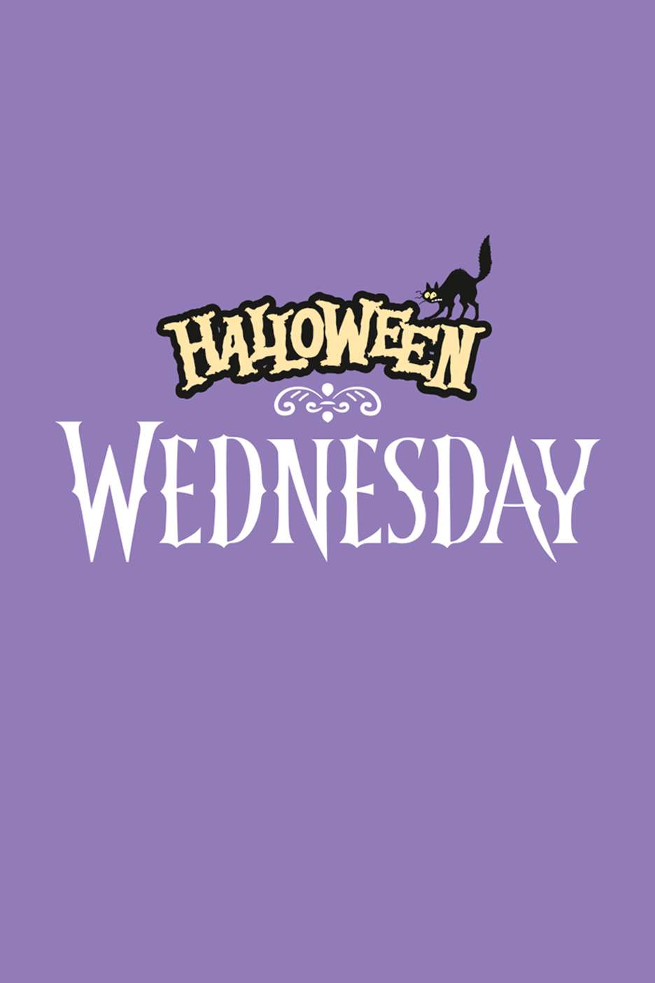 Lilla taustaga plakat, millel on kiri 'HALLOWEEN WEDNESDAY' ja must kass.