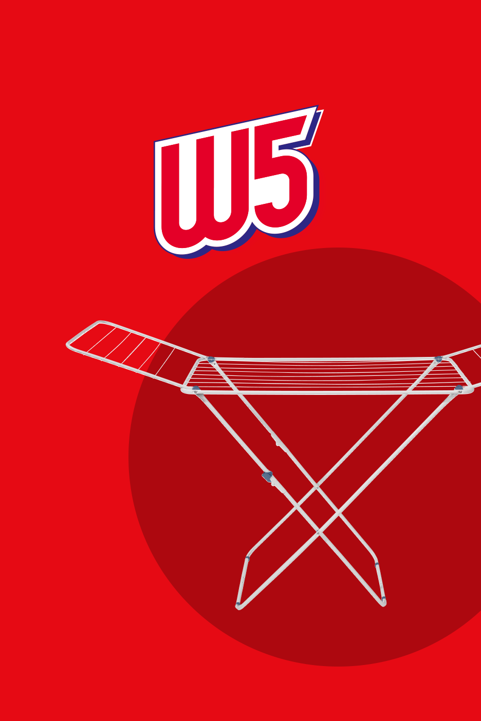 Punane taust valge pesukuivatusrestiga ja stiliseeritud logoga.