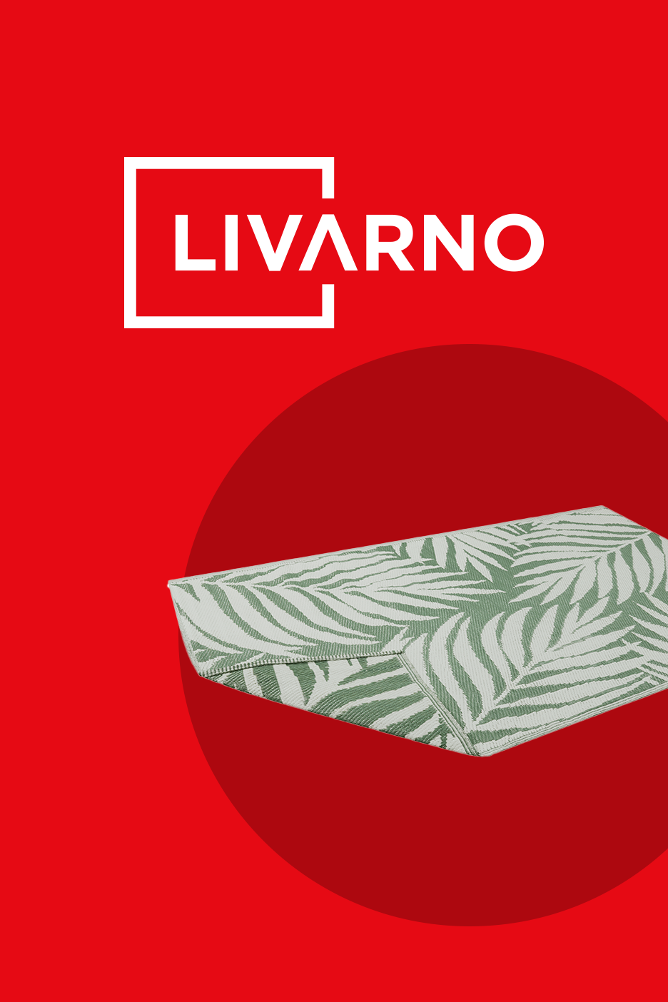 Roheline lehemustriga vaip punasel taustal koos LIVARNO logoga.