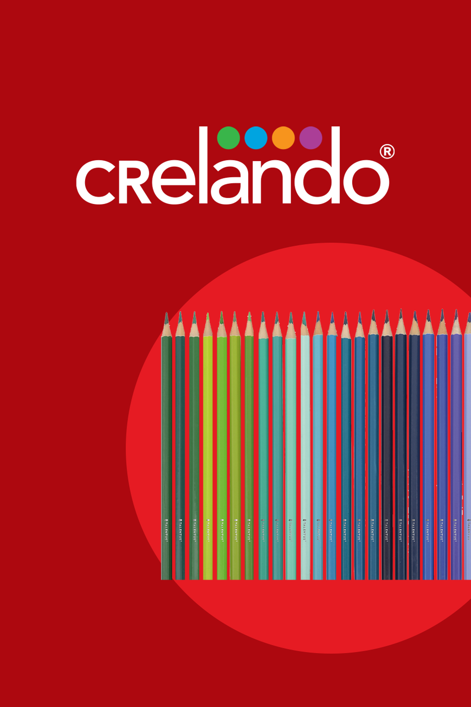 Punase taustaga pilt, millel on värvilised pliiatsid ja logo.