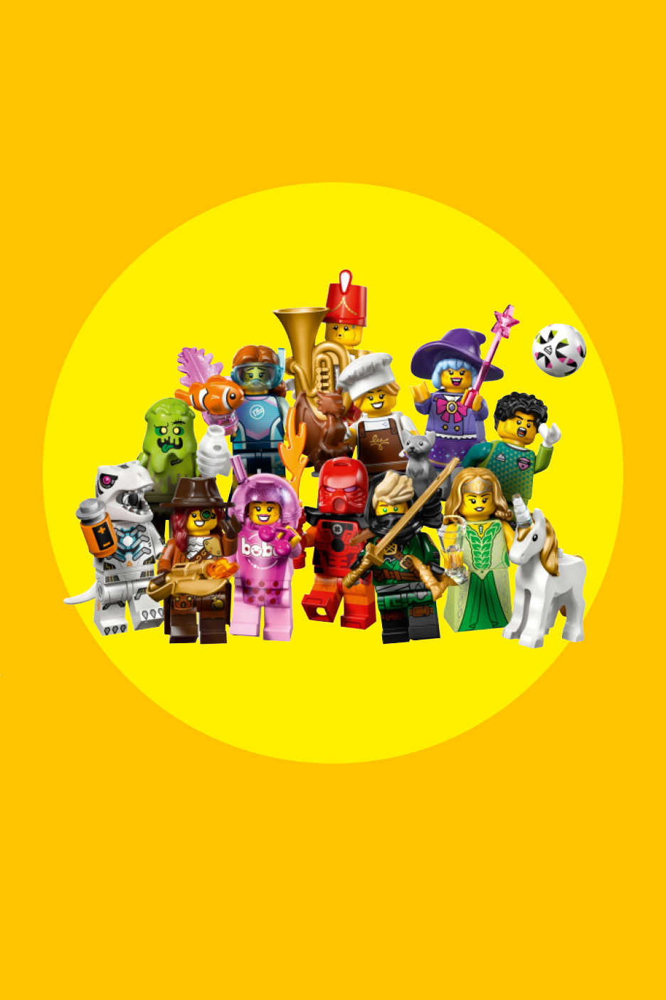 Lego minifiguuride kollektsioon, sealhulgas dinosauruse, sukeldumise, kokkade ja muusikute tegelased.