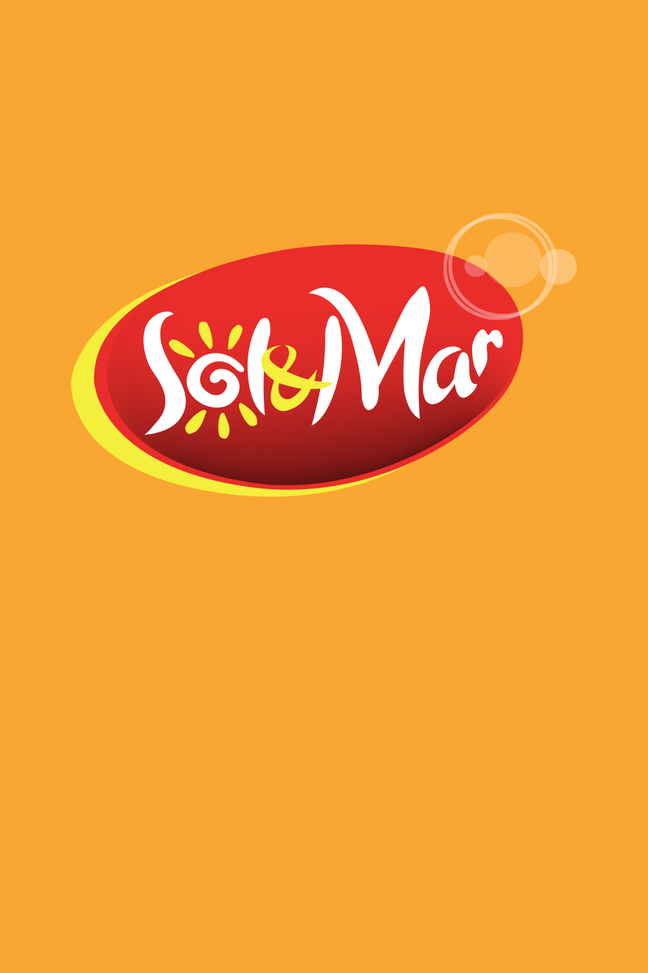 Punane ovaalne logo valge tekstiga 'Sol & Mar' ja päikesemotiiviga oranžil taustal.